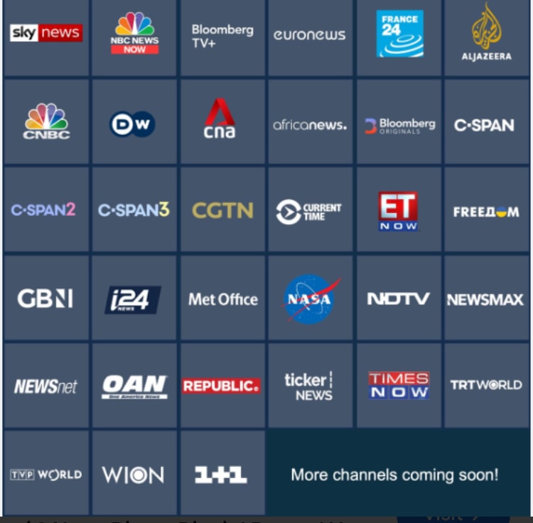 Sky News · NBC · Bloomberg · Euronews · France 24 · Al Jazeera · CNBC · DW · CNA · C-SPAN · CGTN · NDTV · Newsmax · OAN · TRT World · WION & More